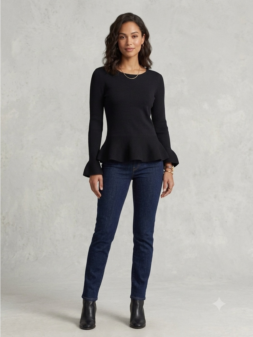 White House Black Market Black Peplum Bell Sleeve Knit Sweater - Large